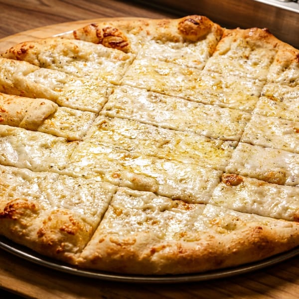 Cheesy garlic breadsticks, cut into squares, on a round metal pan and wooden board.