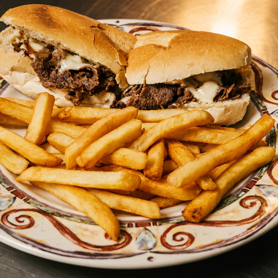 A cheesesteak sandwich cut in half, served with a pile of golden french fries on a decorative plate.
