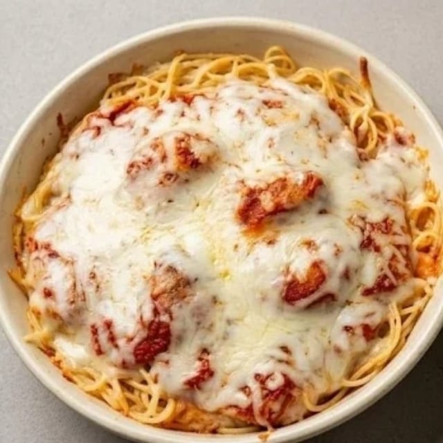 Spaghetti with Mozzarella & Meatball Sauce.