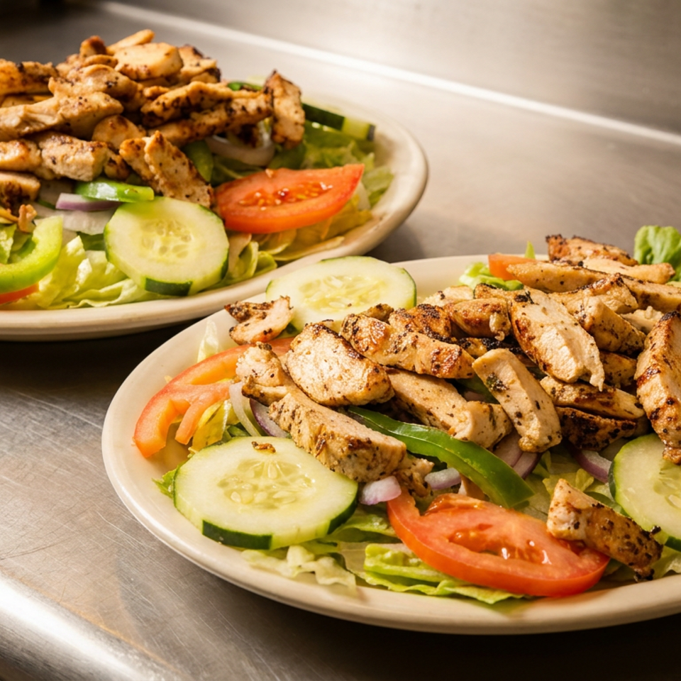 Two plates of grilled chicken salad with lettuce, cucumbers, tomatoes, and bell peppers on a metal counter.