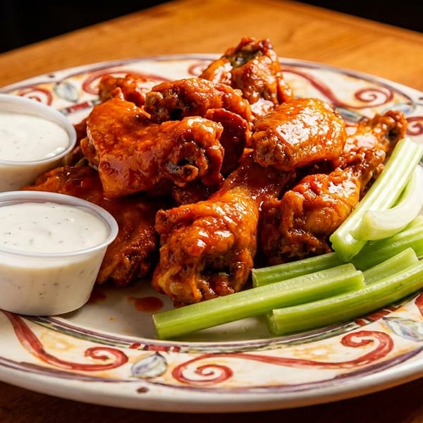 Spicy buffalo chicken wings with two cups of ranch dressing and celery sticks on a decorative plate.